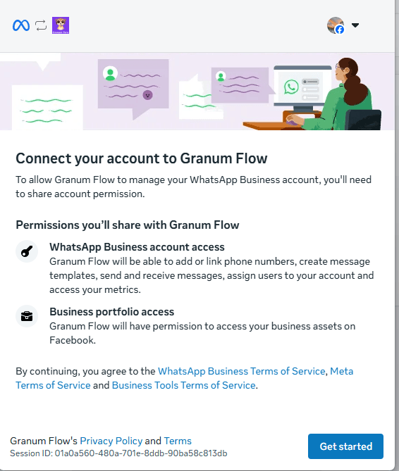 צילום מסך מתהליך החיבור של Meta: מאשרים הרשאות ל-Granum Flow